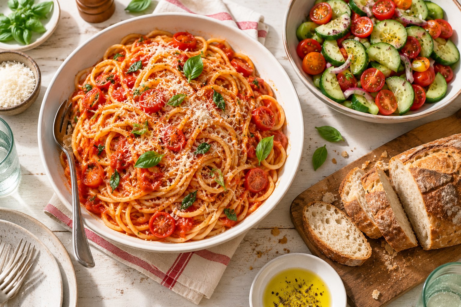 Pasta and salad arranged on a bright family dinner table